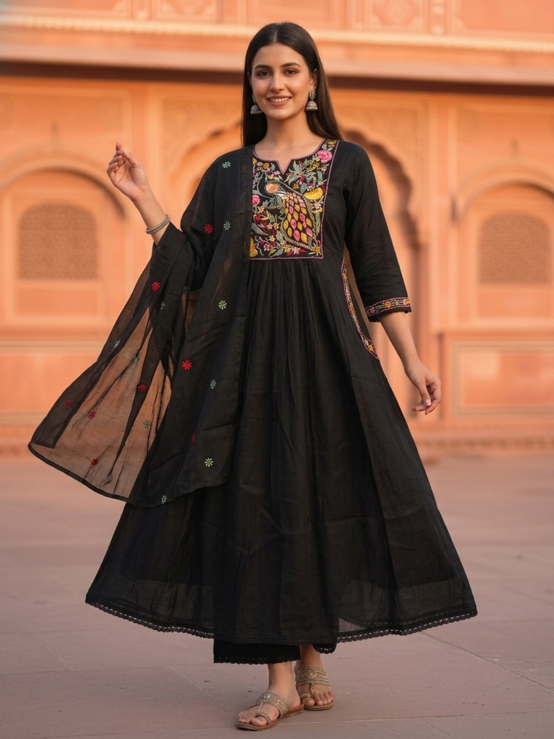 Black Solid Floral Sequin Embroidered Chanderi Silk A-Line Pleated Kurta Set with Palazzo and Dupatta