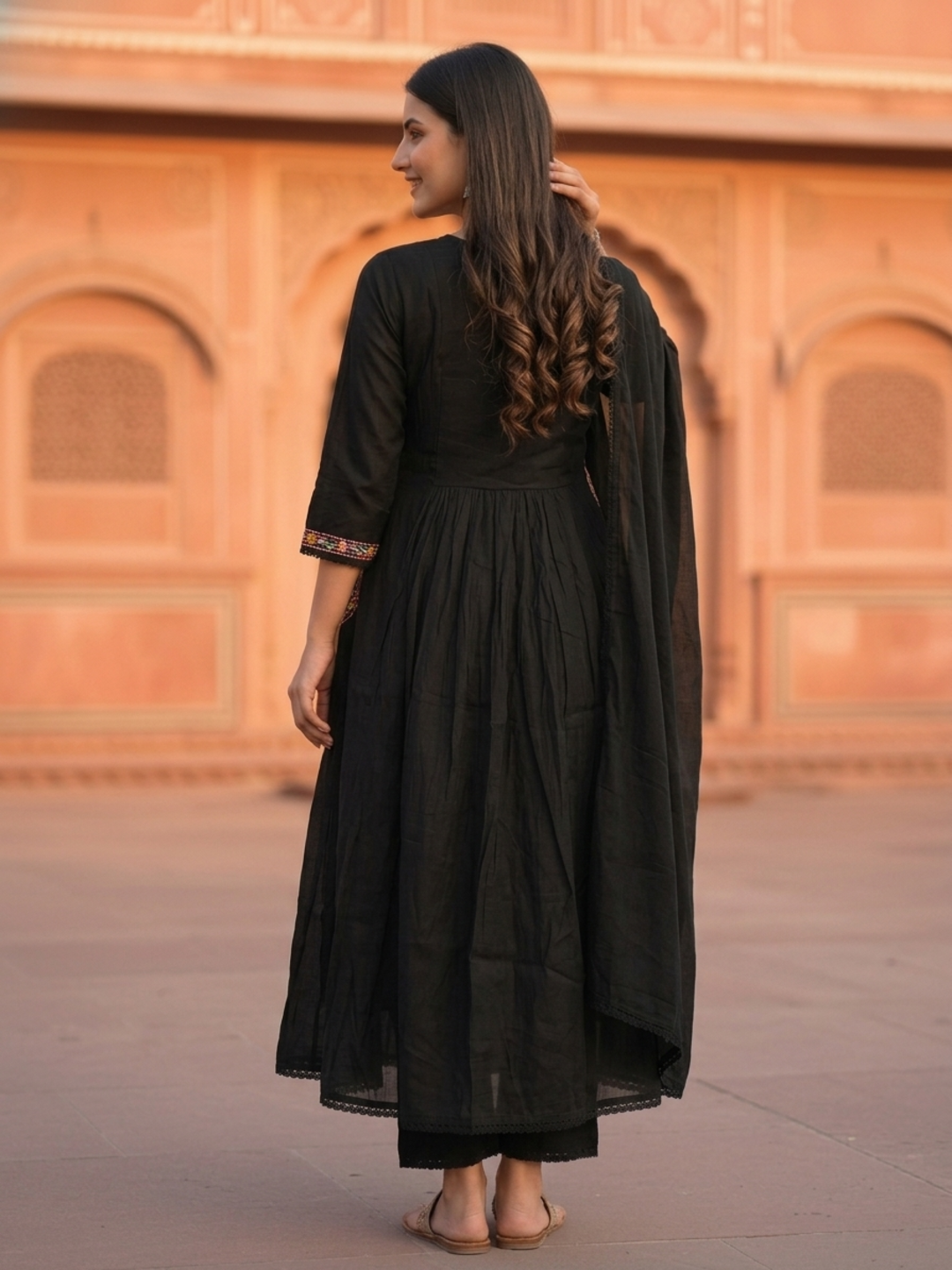 Black Solid Floral Sequin Embroidered Chanderi Silk A-Line Pleated Kurta Set with Palazzo and Dupatta