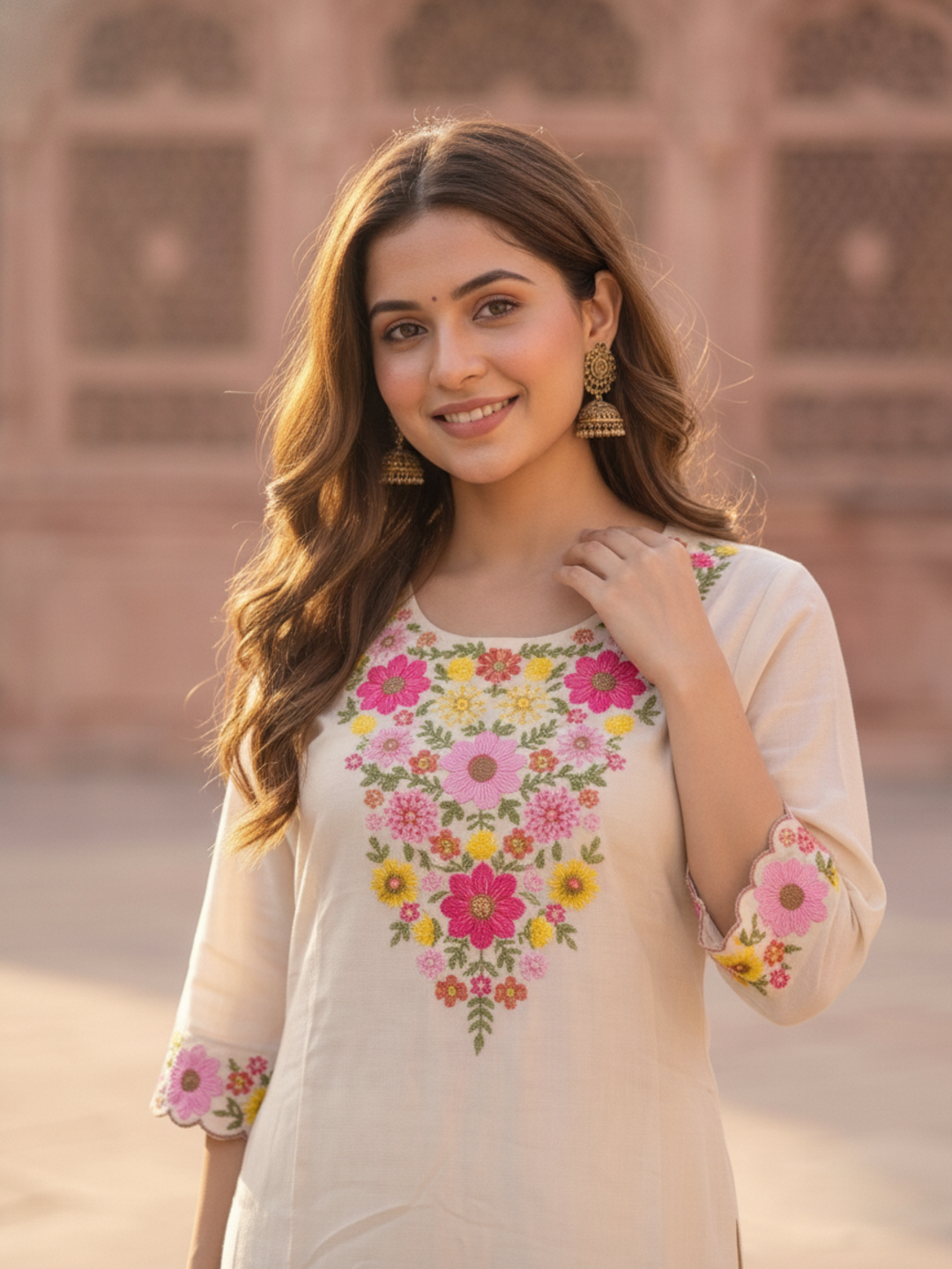 Cream Solid Floral Embroidered Chanderi Silk Straight Kurta Set with Palazzo and Dupatta