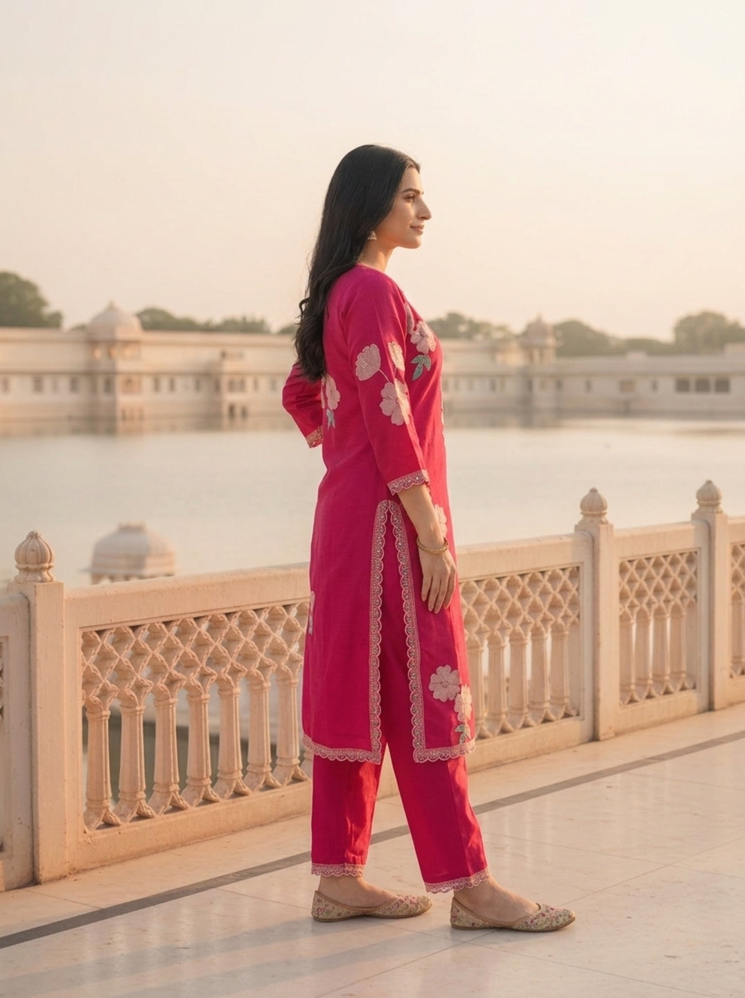 Rani Pink Solid Floral Sequin Embroidered Silk Blend Straight Kurta Set with Palazzo and Dupatta