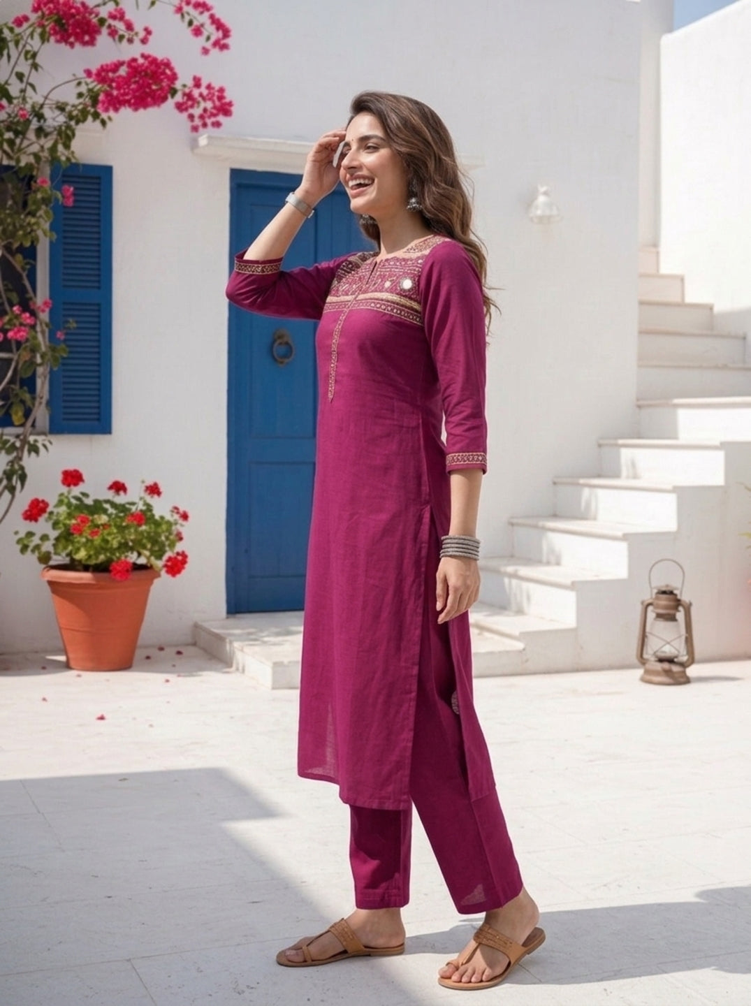 Rani Solid Sequin Embroidered Muslin Silk Straight Kurta Set with Palazzo and Dupatta