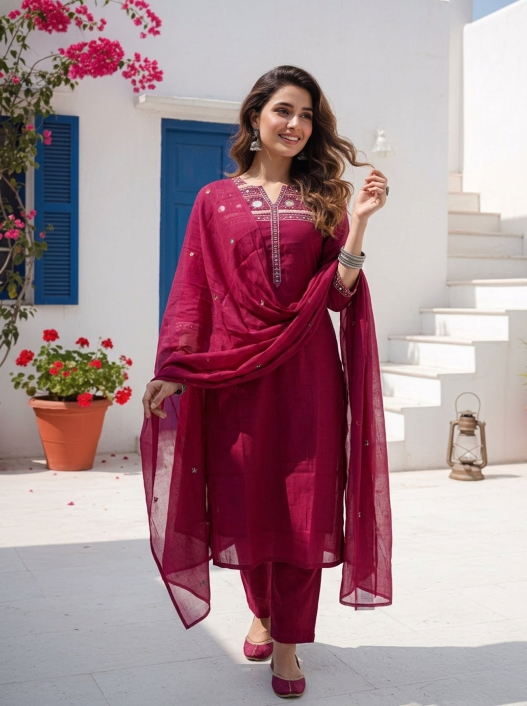 Rani Solid Sequin Embroidered Muslin Silk Straight Kurta Set with Palazzo and Dupatta
