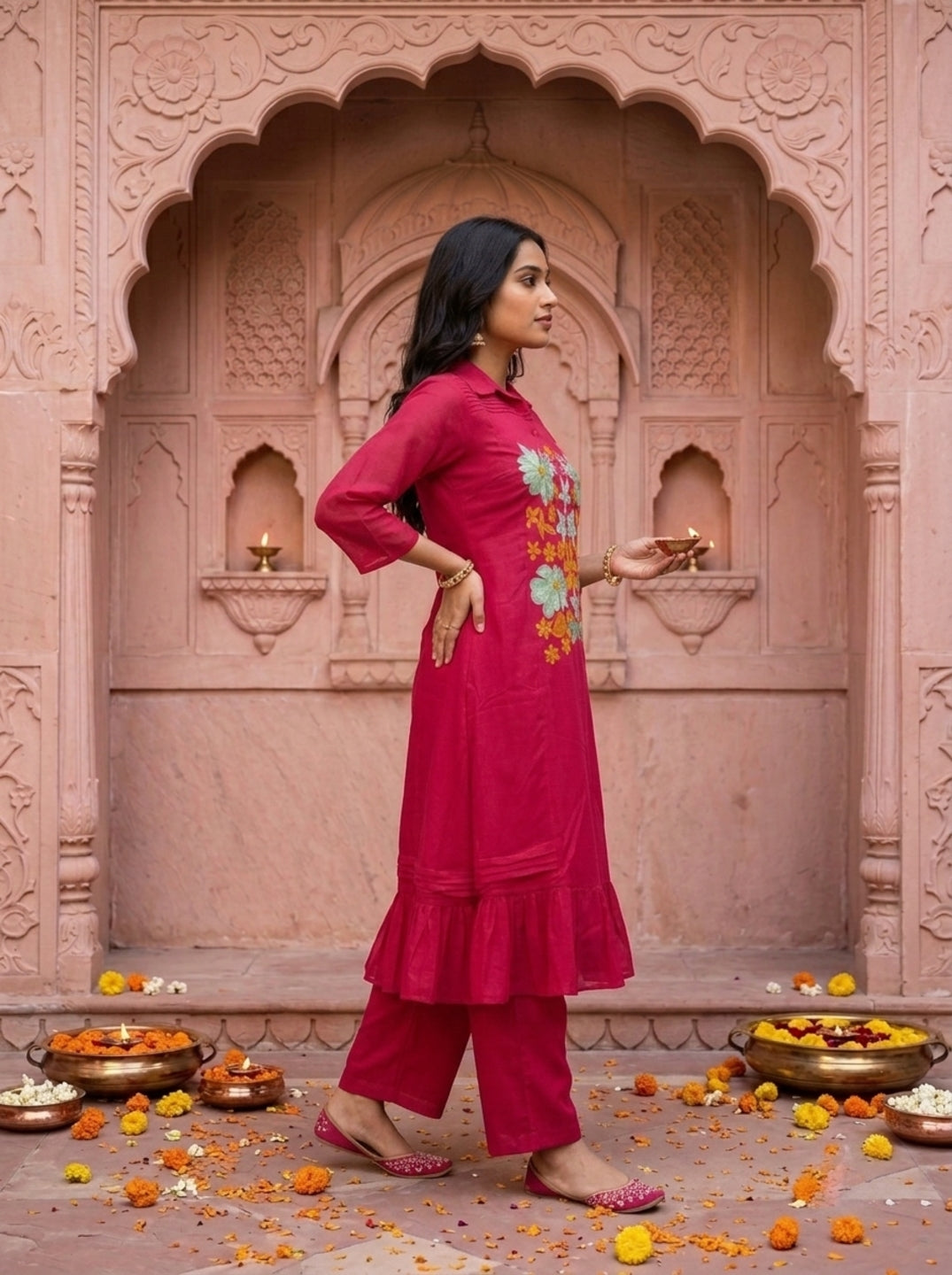 Raani Pink Solid Floral Embroidered Chanderi Silk A-Line Kurta Set with Palazzo