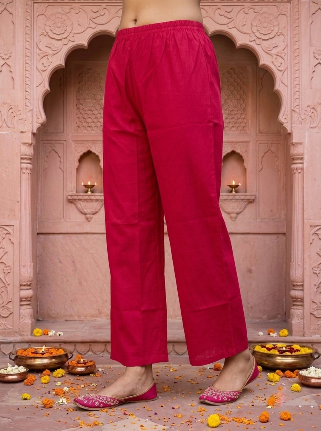 Raani Pink Solid Floral Embroidered Chanderi Silk A-Line Kurta Set with Palazzo