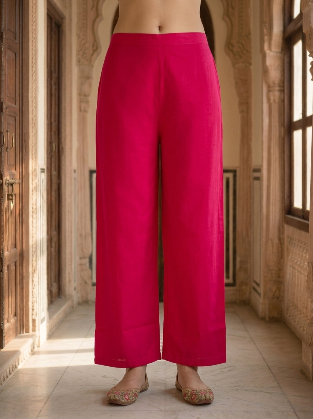 Magenta Solid Patchwork Embroidered Muslin Silk A-Line Co-ord Set with Palazzo