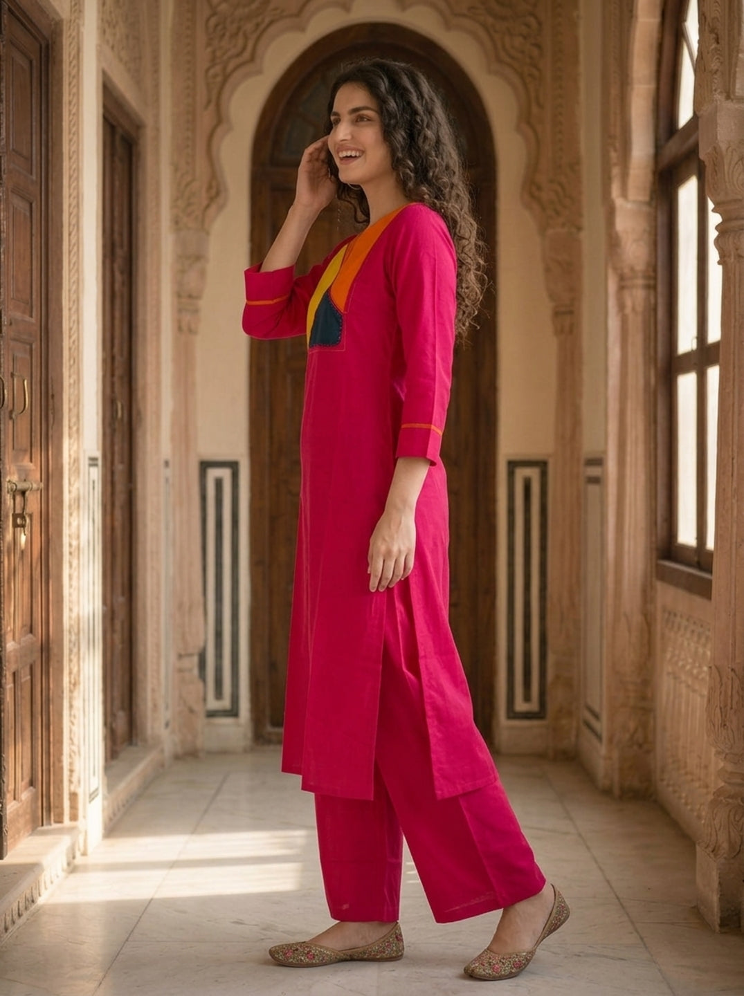 Magenta Solid Patchwork Embroidered Muslin Silk A-Line Co-ord Set with Palazzo