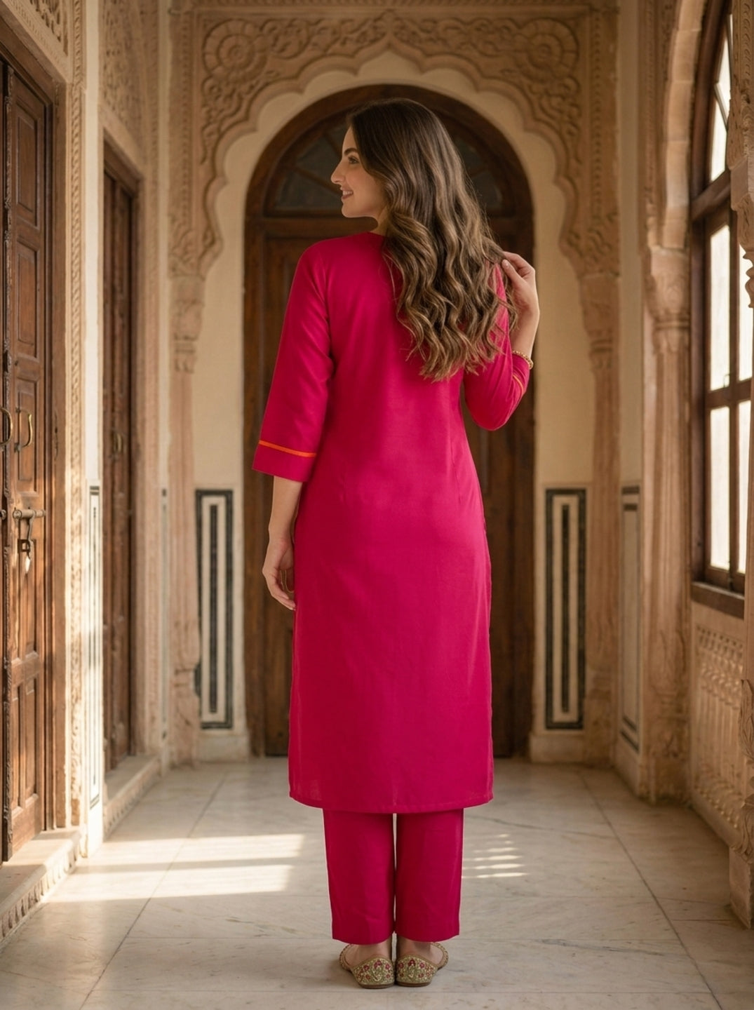 Magenta Solid Patchwork Embroidered Muslin Silk A-Line Co-ord Set with Palazzo