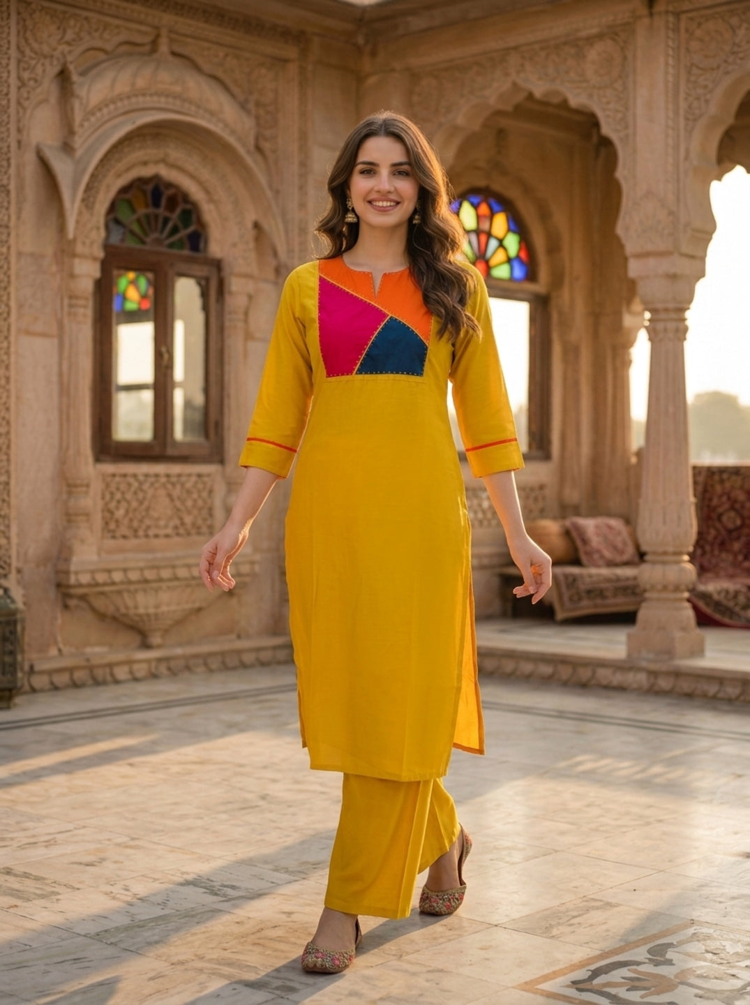 Mustard Yellow Solid Patchwork Embroidered Muslin Silk A-Line Co-ord Set with Palazzo