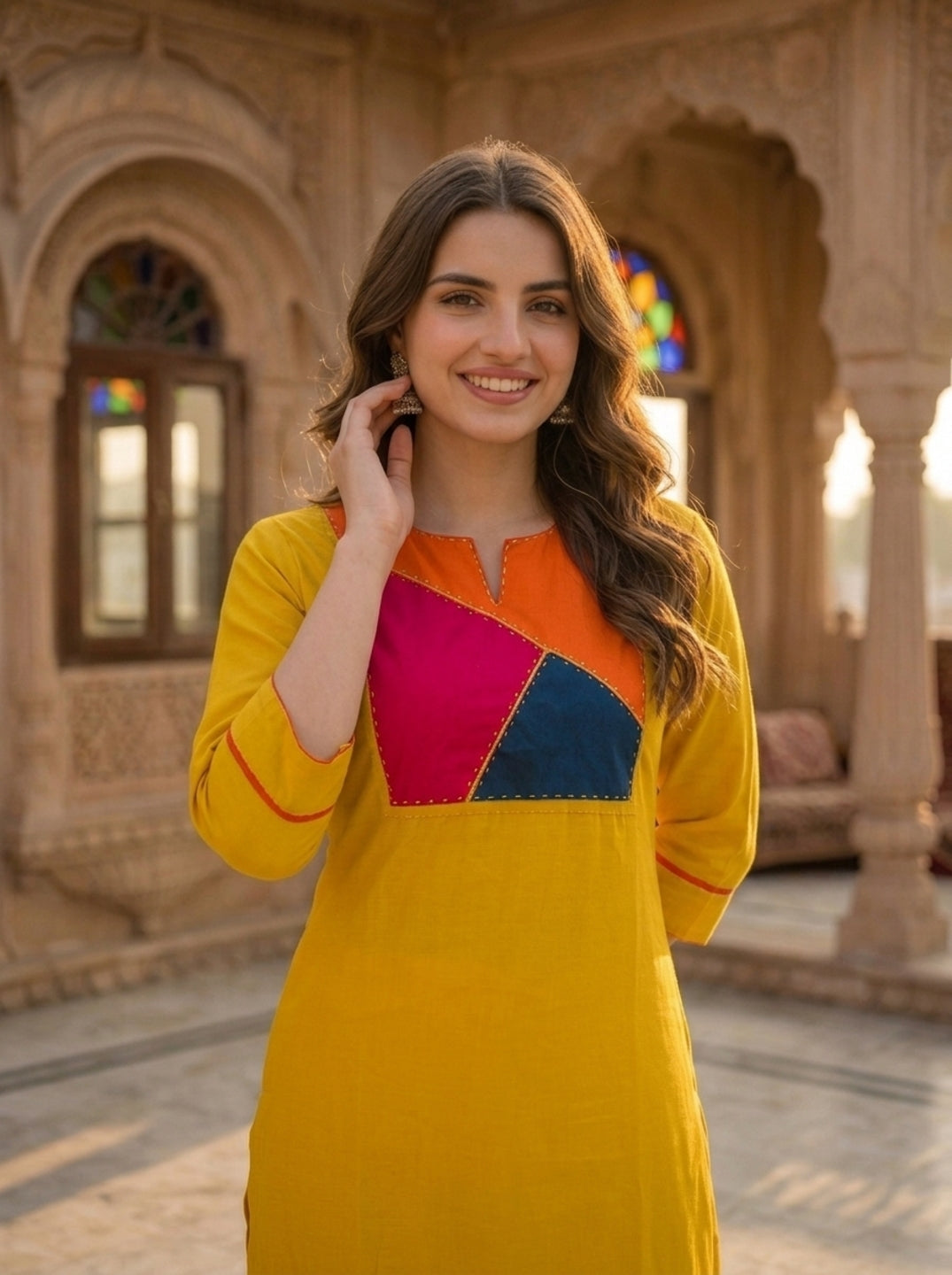 Mustard Yellow Solid Patchwork Embroidered Muslin Silk A-Line Co-ord Set with Palazzo