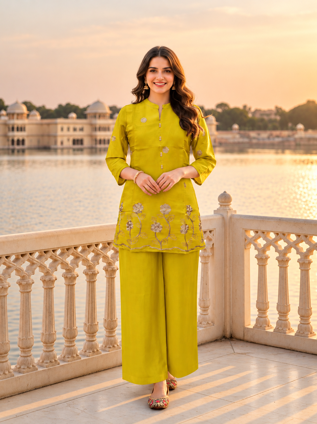 Mustard Yellow Solid Floral Embroidered Chanderi Silk A-Line Co-ord Set with Pant