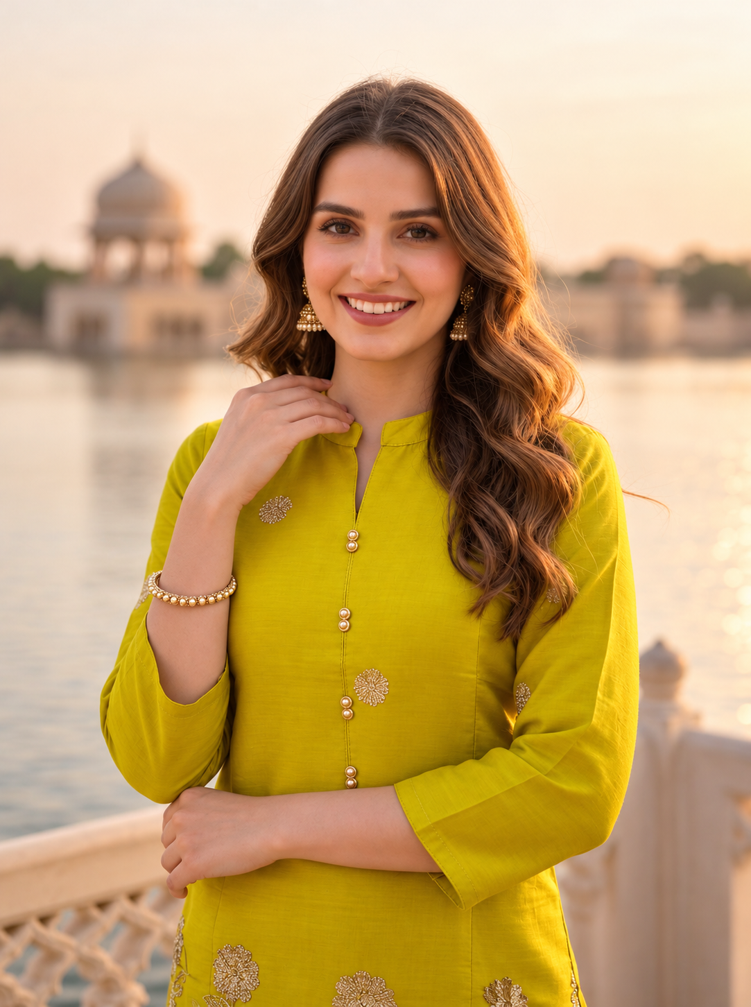Mustard Yellow Solid Floral Embroidered Chanderi Silk A-Line Co-ord Set with Pant