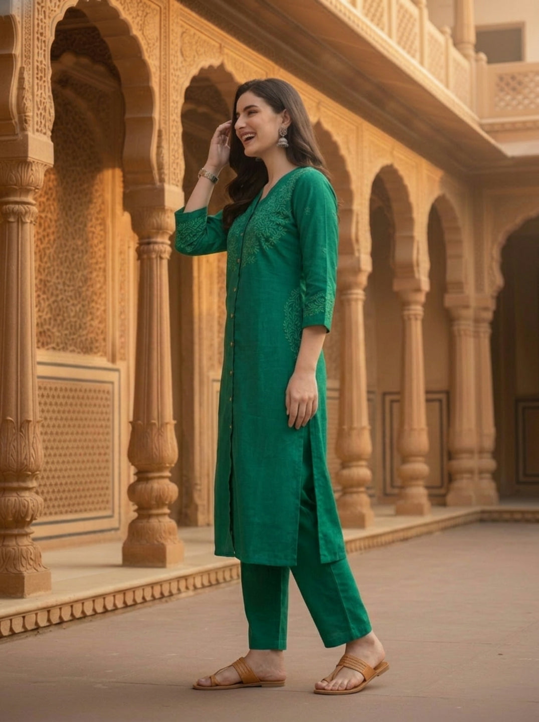 Emerald Green Solid Floral Embroidered Silk Blend A-Line Co-ord Set with Palazzo