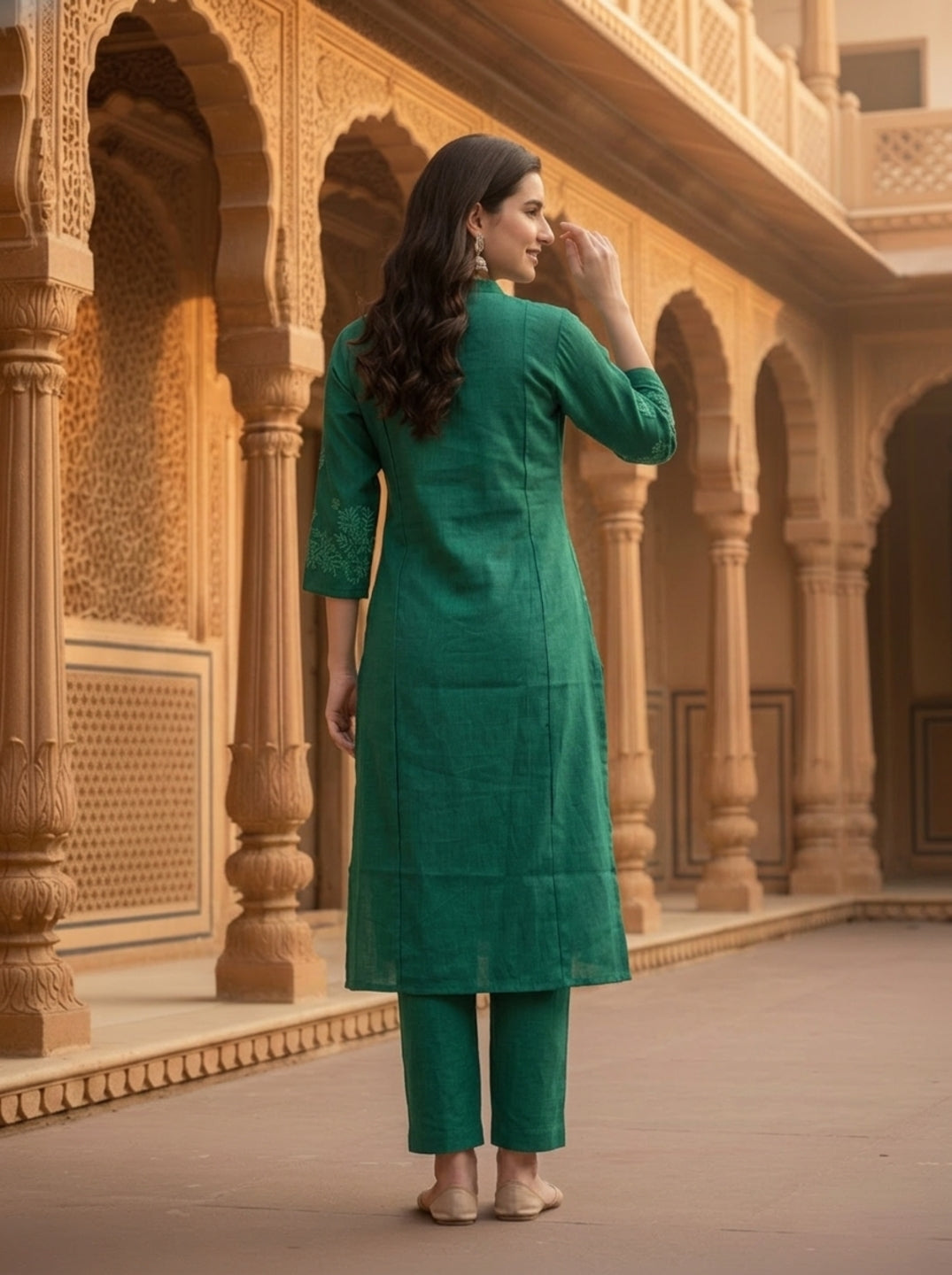 Emerald Green Solid Floral Embroidered Silk Blend A-Line Co-ord Set with Palazzo