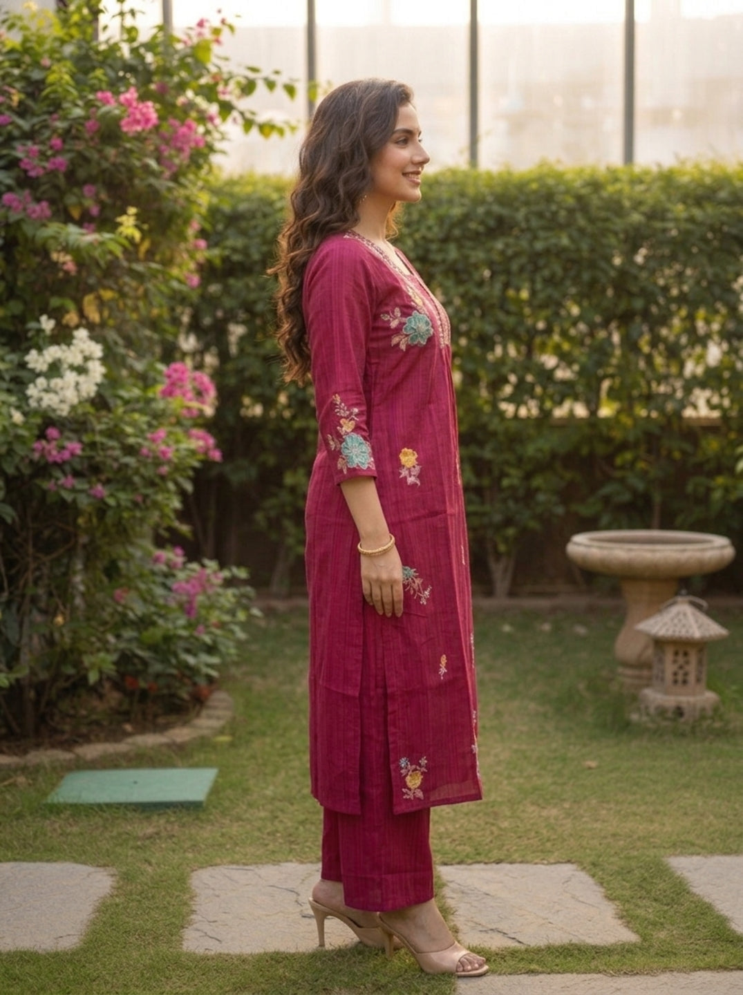 Maroon Solid Floral Embroidered Muslin Silk A-Line Pleated Kurta Set with Palazzo