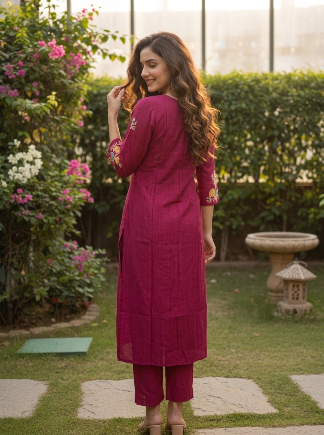 Maroon Solid Floral Embroidered Muslin Silk A-Line Pleated Kurta Set with Palazzo