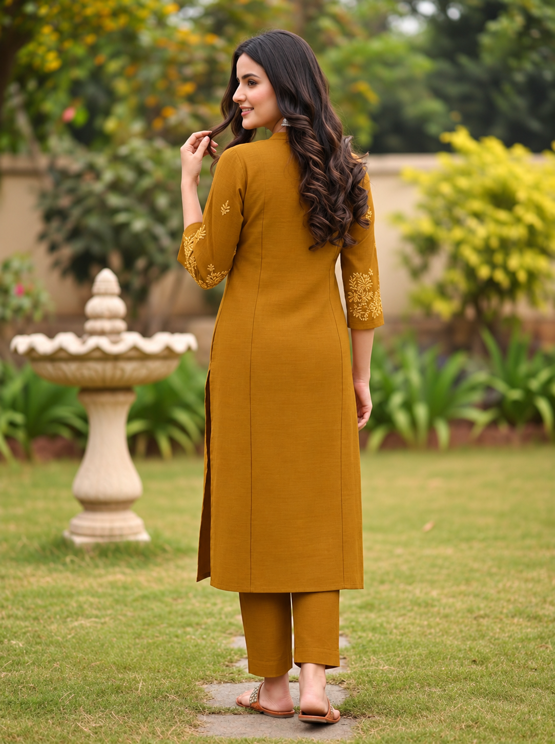 Mustard Yellow Solid Floral Embroidered Silk Blend A-Line Co-ord Set with Palazzo