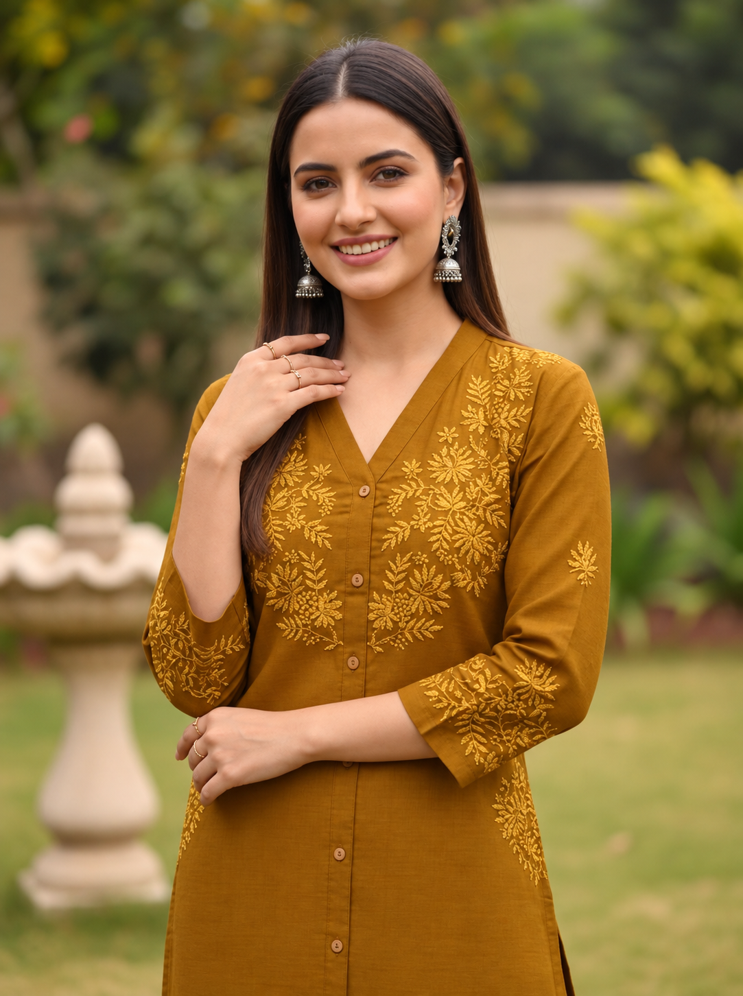 Mustard Yellow Solid Floral Embroidered Silk Blend A-Line Co-ord Set with Palazzo
