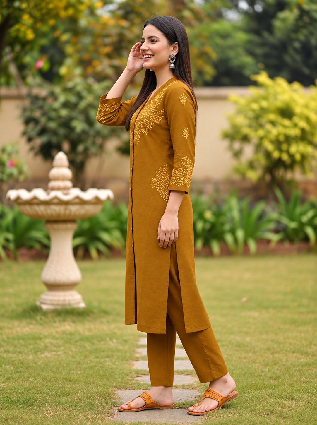 Mustard Yellow Solid Floral Embroidered Silk Blend A-Line Co-ord Set with Palazzo