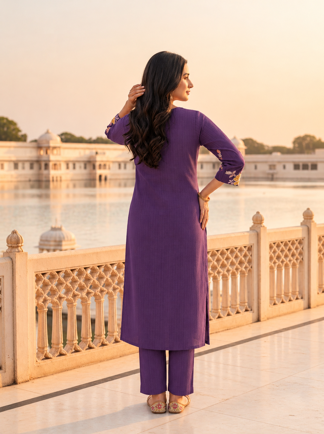 Purple Solid Floral Embroidered Muslin Silk A-Line Pleated Kurta Set with Palazzo