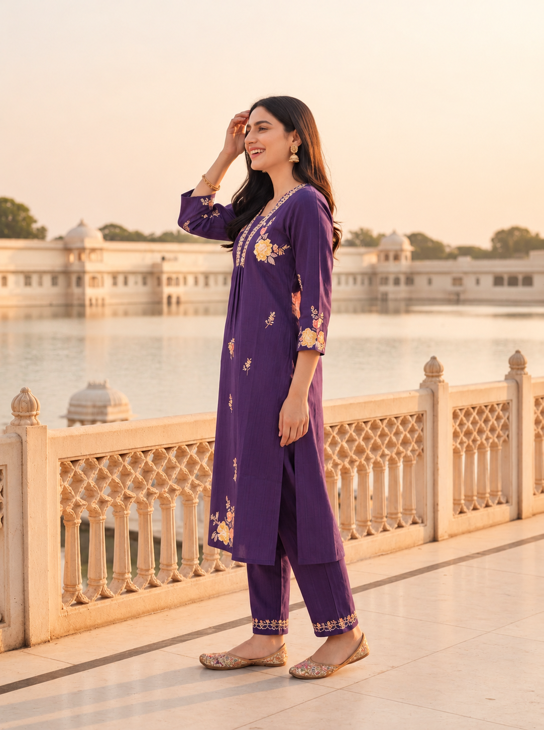 Purple Solid Floral Embroidered Muslin Silk A-Line Pleated Kurta Set with Palazzo