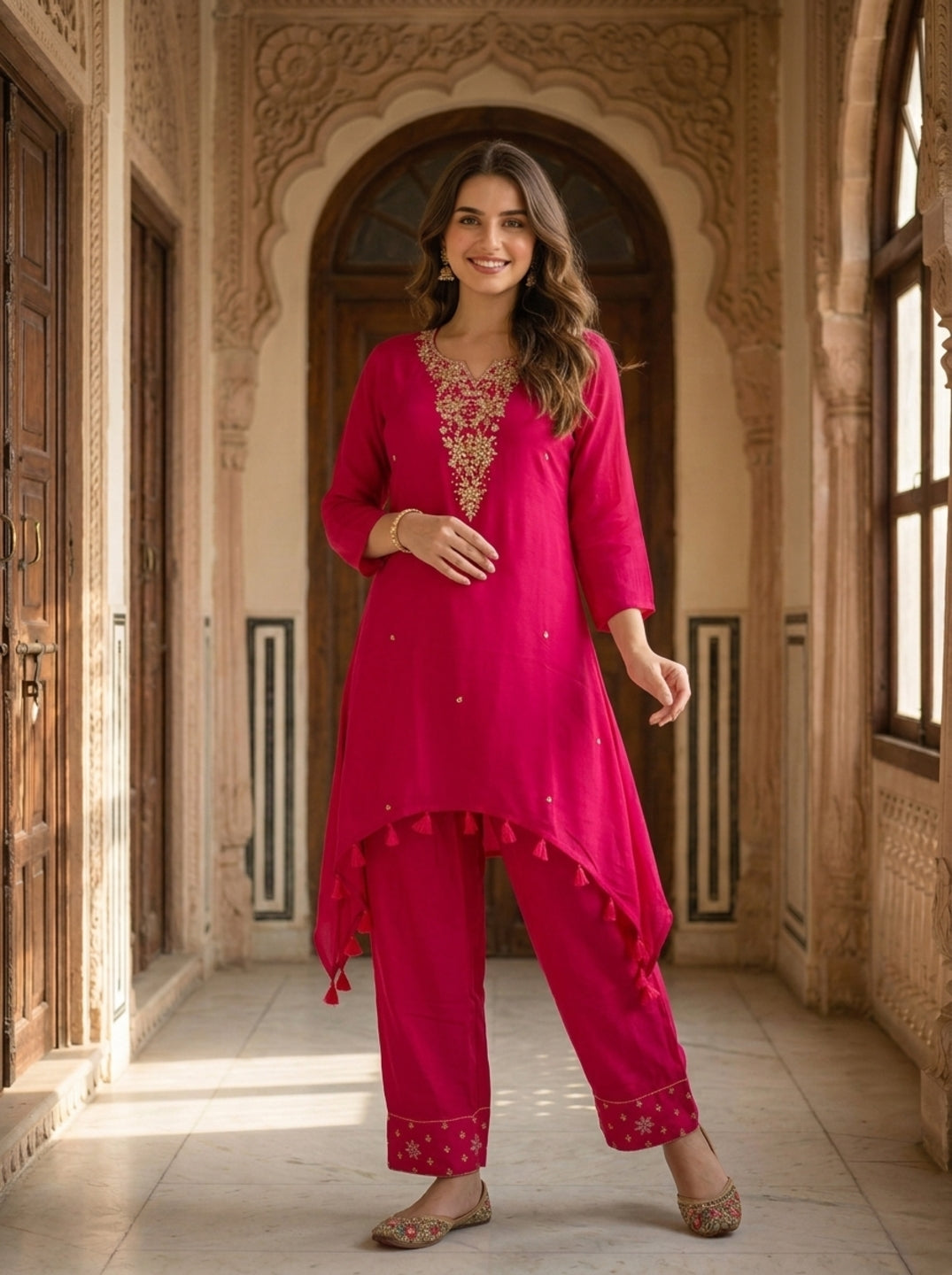 Magenta Solid Floral Hand-Embroidered Chiffon A-Line Kurta Set with Salwar and Dupatta