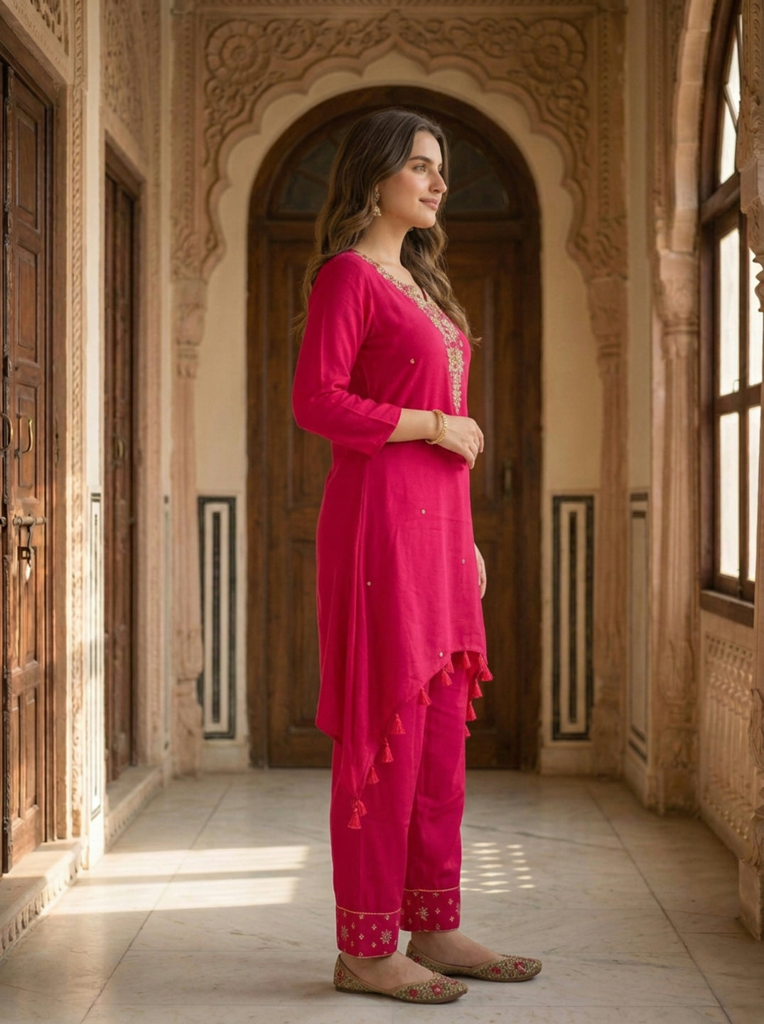 Magenta Solid Floral Hand-Embroidered Chiffon A-Line Kurta Set with Salwar and Dupatta