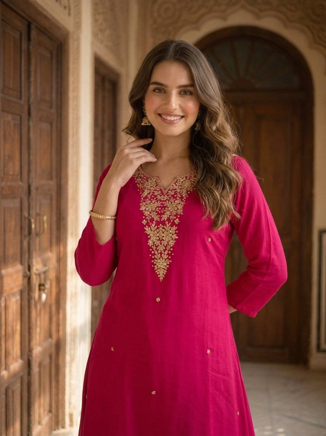 Magenta Solid Floral Hand-Embroidered Chiffon A-Line Kurta Set with Salwar and Dupatta