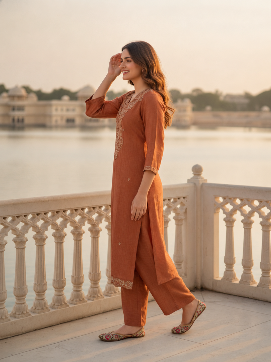 Detail view of the golden beige kurta set