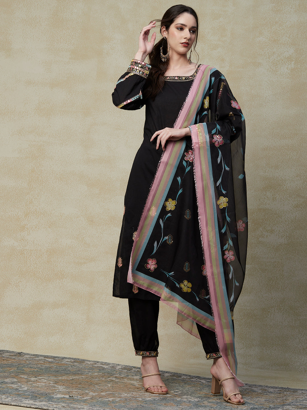 Solid Mirror, Resham & Zari Embroidered Kurta With Salwar Pants & Hand Painted Dupatta - Black
