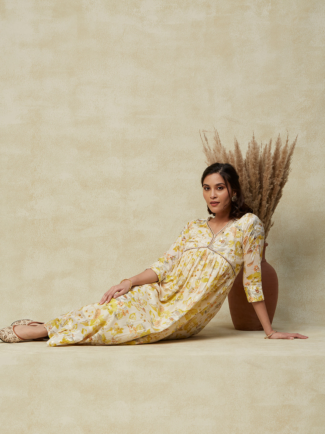 Floral Printed Mirror, Stones & Cutdana Embroidered Mul-Cotton Maxi Dress - Yellow