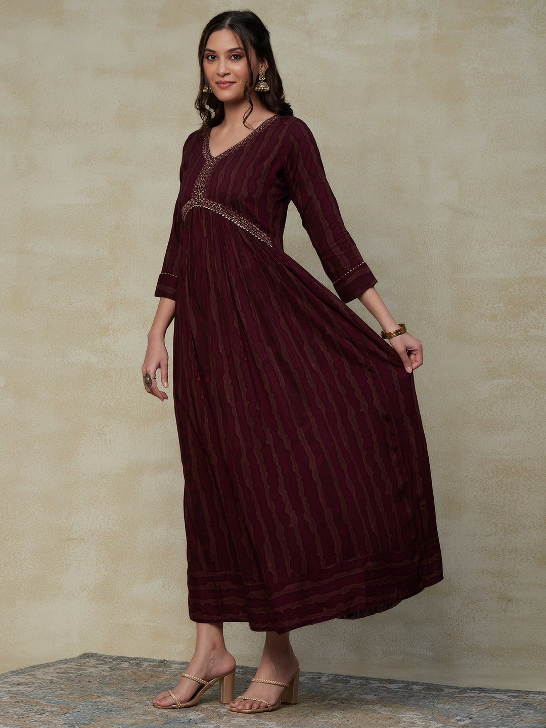 Abstract Printed Mirror & Resham Embroidered Gathered Waist Maxi Dress - Burgundy