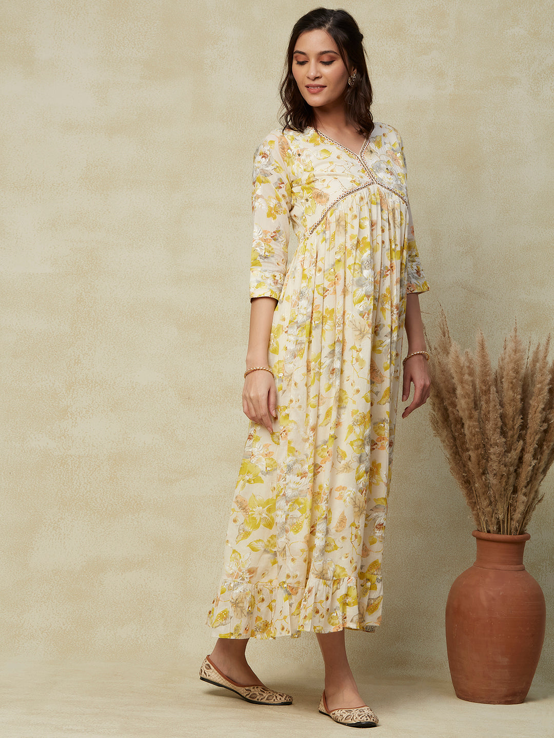 Floral Printed Mirror, Stones & Cutdana Embroidered Mul-Cotton Maxi Dress - Yellow