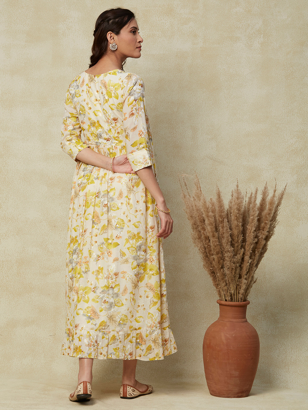 Floral Printed Mirror, Stones & Cutdana Embroidered Mul-Cotton Maxi Dress - Yellow