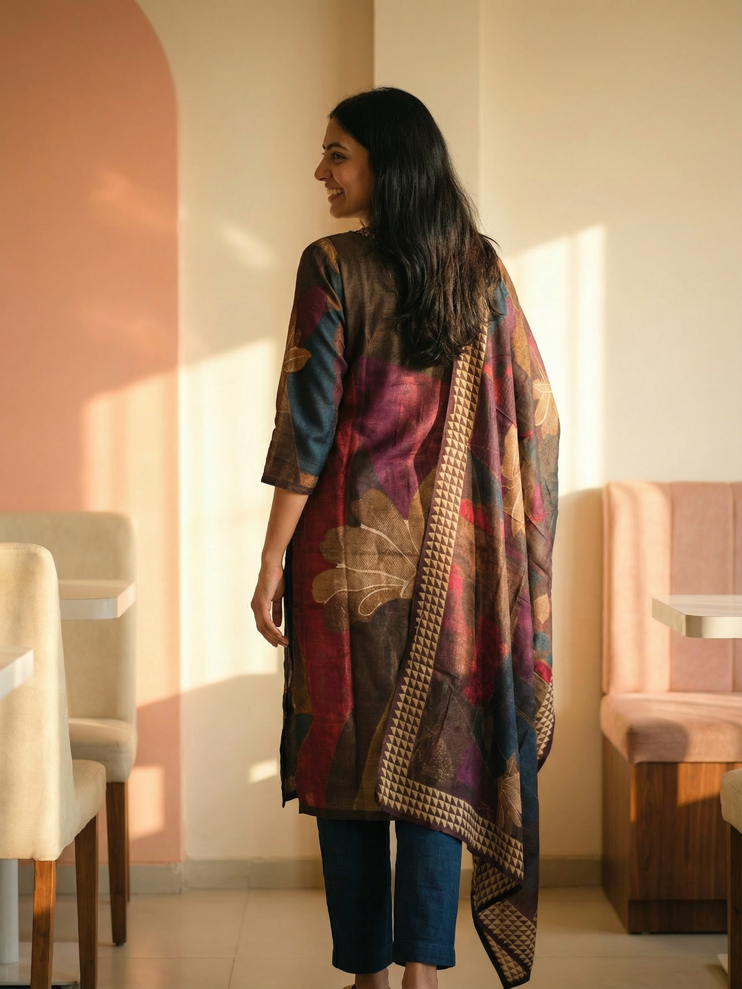Abstract Printed Embroidered Straight Kurta with Pant and Dupatta- Multi