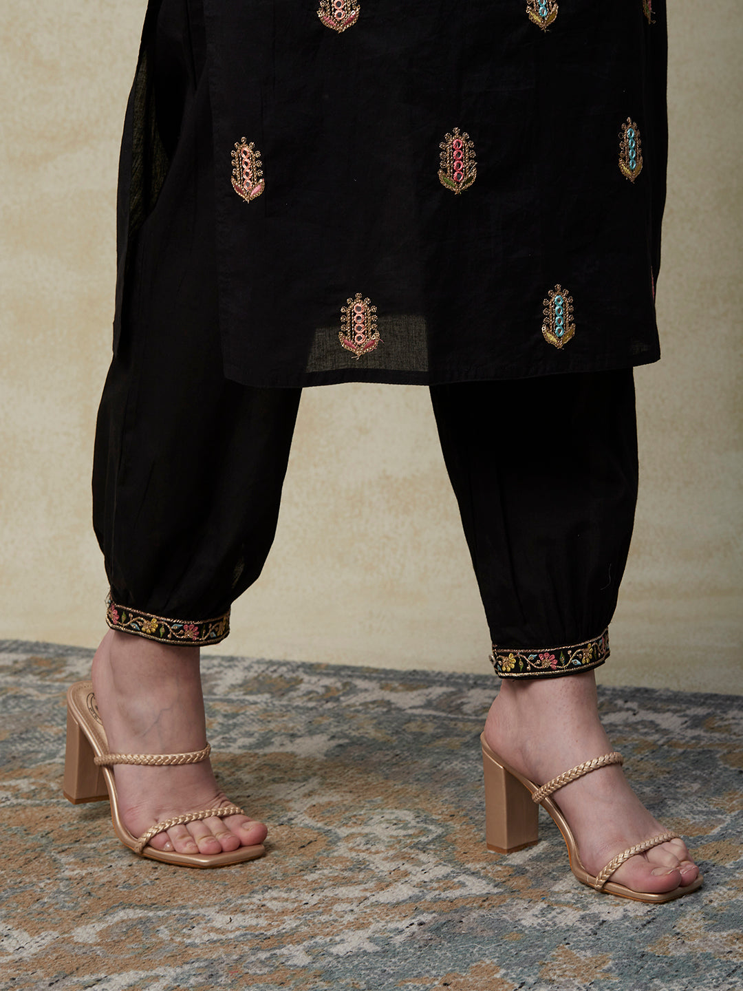 Solid Mirror, Resham & Zari Embroidered Kurta With Salwar Pants & Hand Painted Dupatta - Black