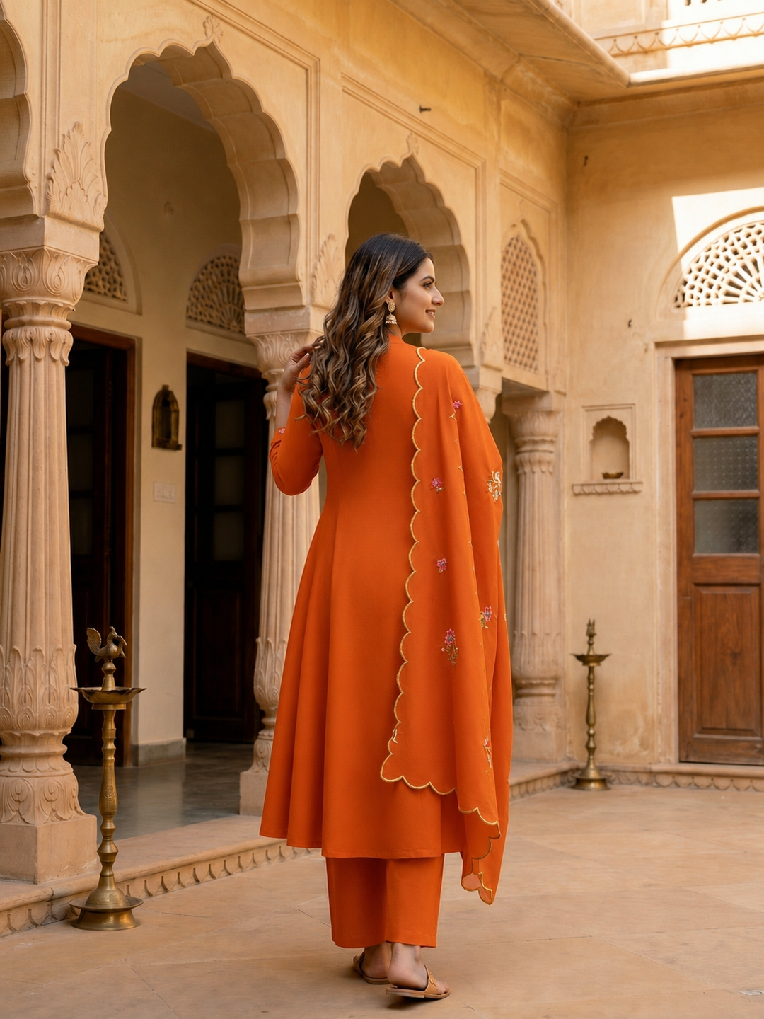 Rust Solid Chanderi Silk Anarkali Kurta Set with Floral Embroidery, V-Neck, Palazzo & Scalloped Poly Chanderi Dupatta