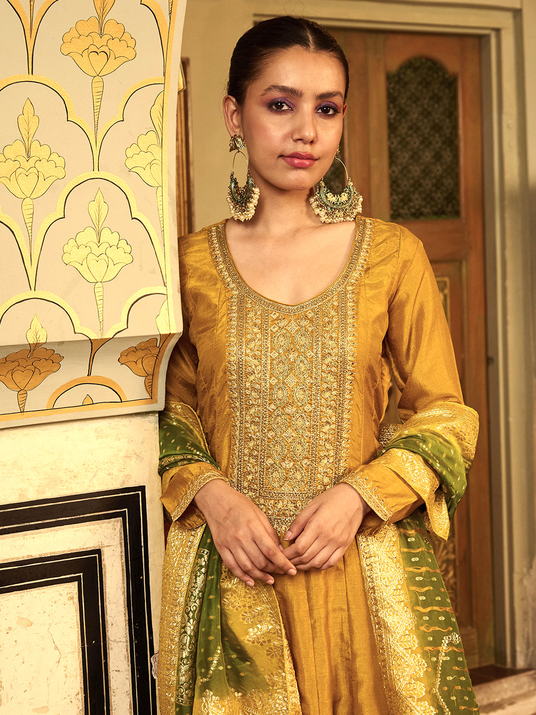 Solid Zari, Stone & Cutdana Embroidered Anarkali Dress with Zari Jacquard Dupatta - Mustard