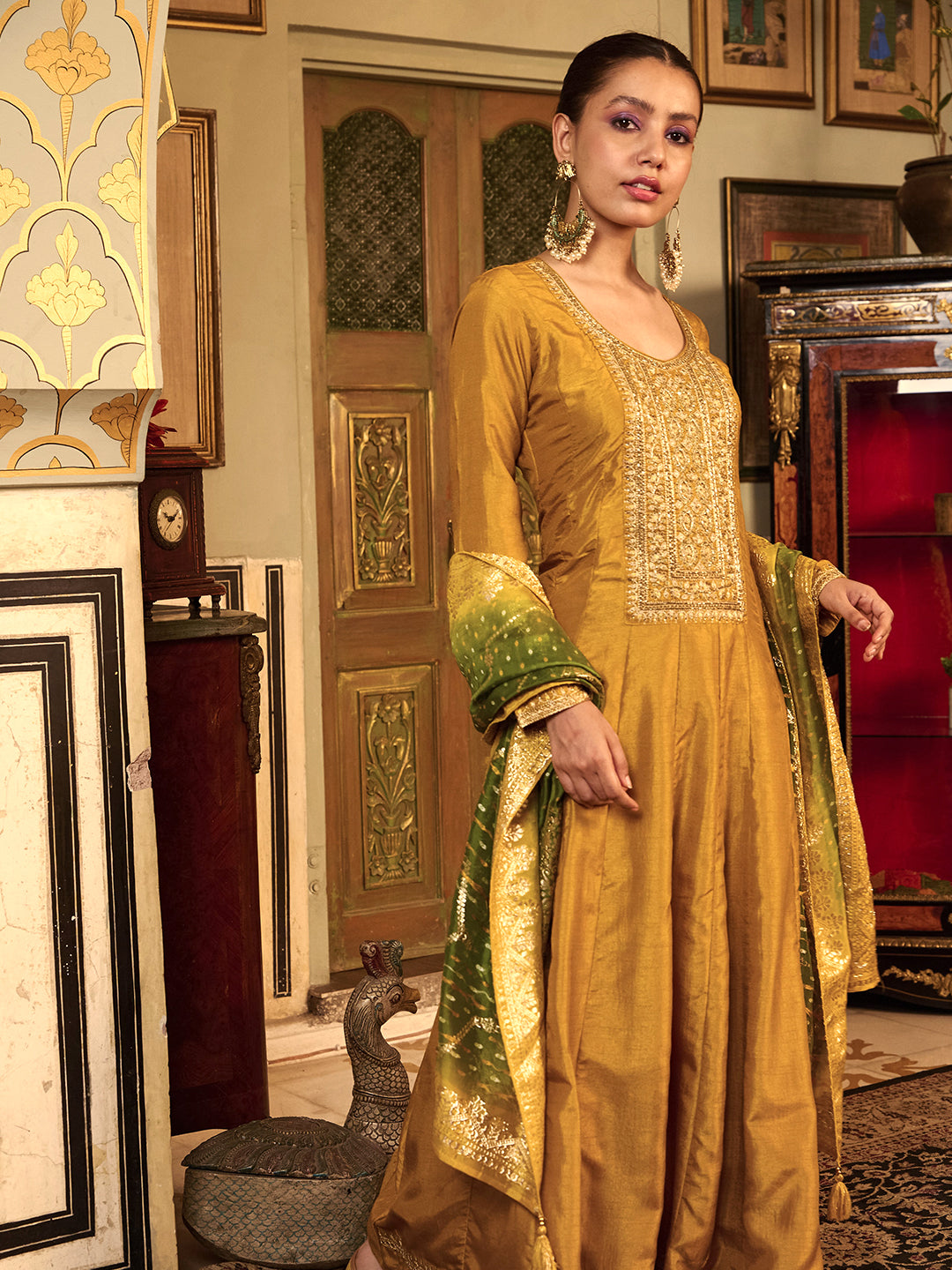 Solid Zari, Stone & Cutdana Embroidered Anarkali Dress with Zari Jacquard Dupatta - Mustard