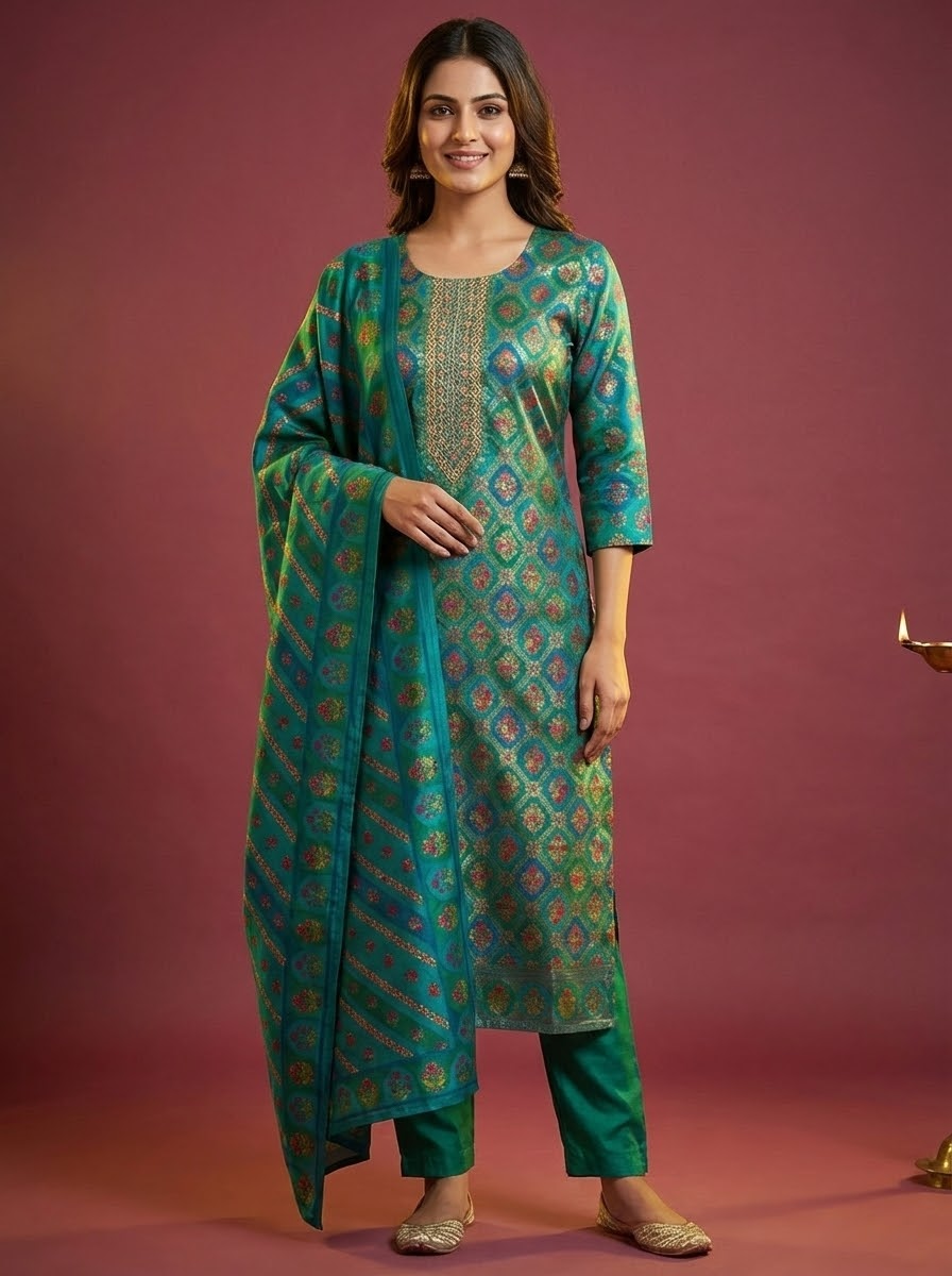 Floral Printed Embroidered Jacquard Kurta with Pant & Dupatta - Teal Blue