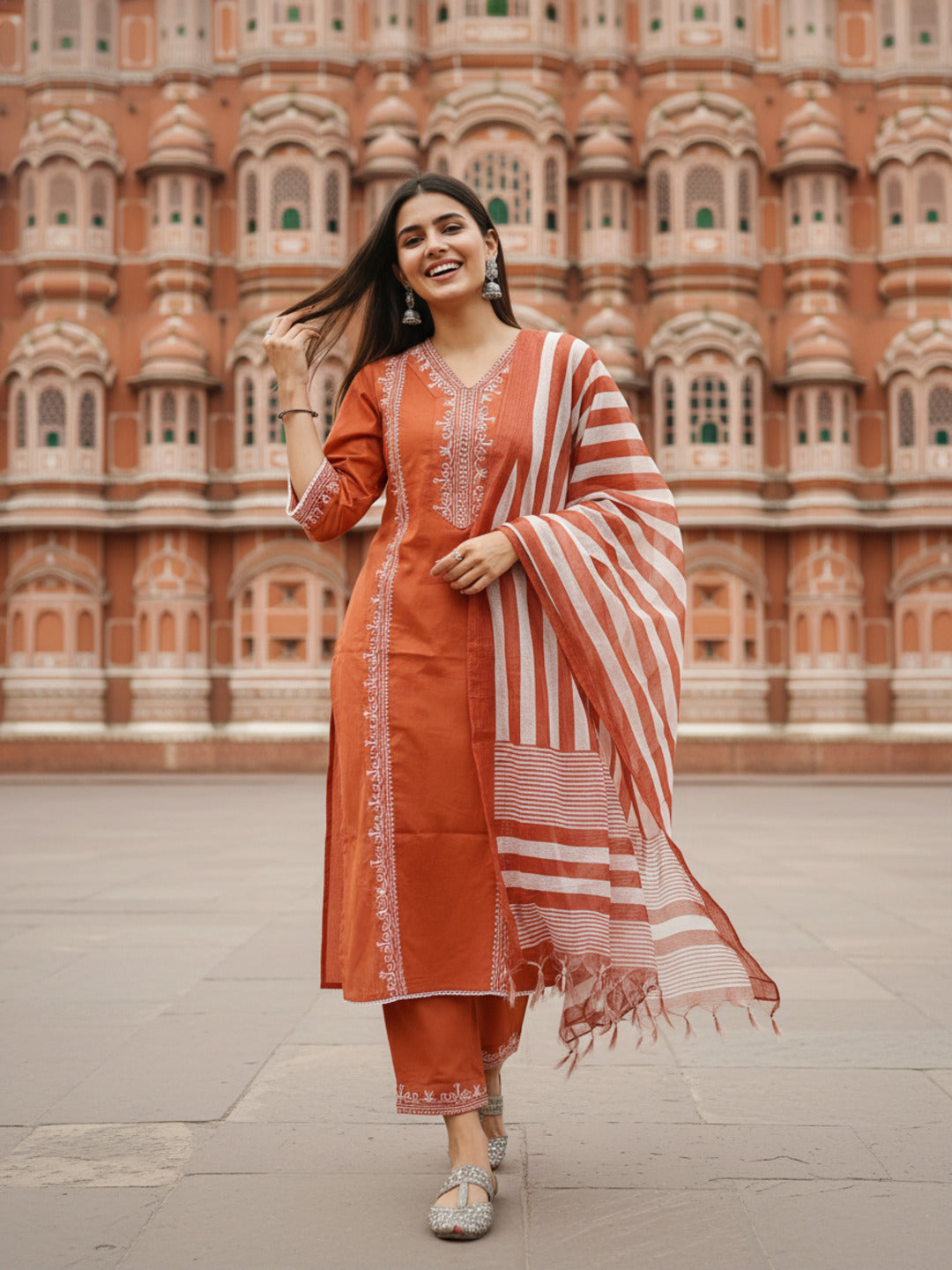 Solid Embroidered Straight Kurta with Palazzo & Dupatta - Rust