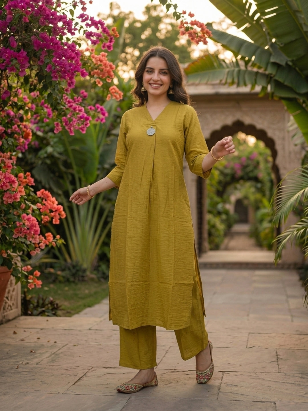 Green Solid Textured A-Line Silk Blend Co-ord Set with Palazzo
