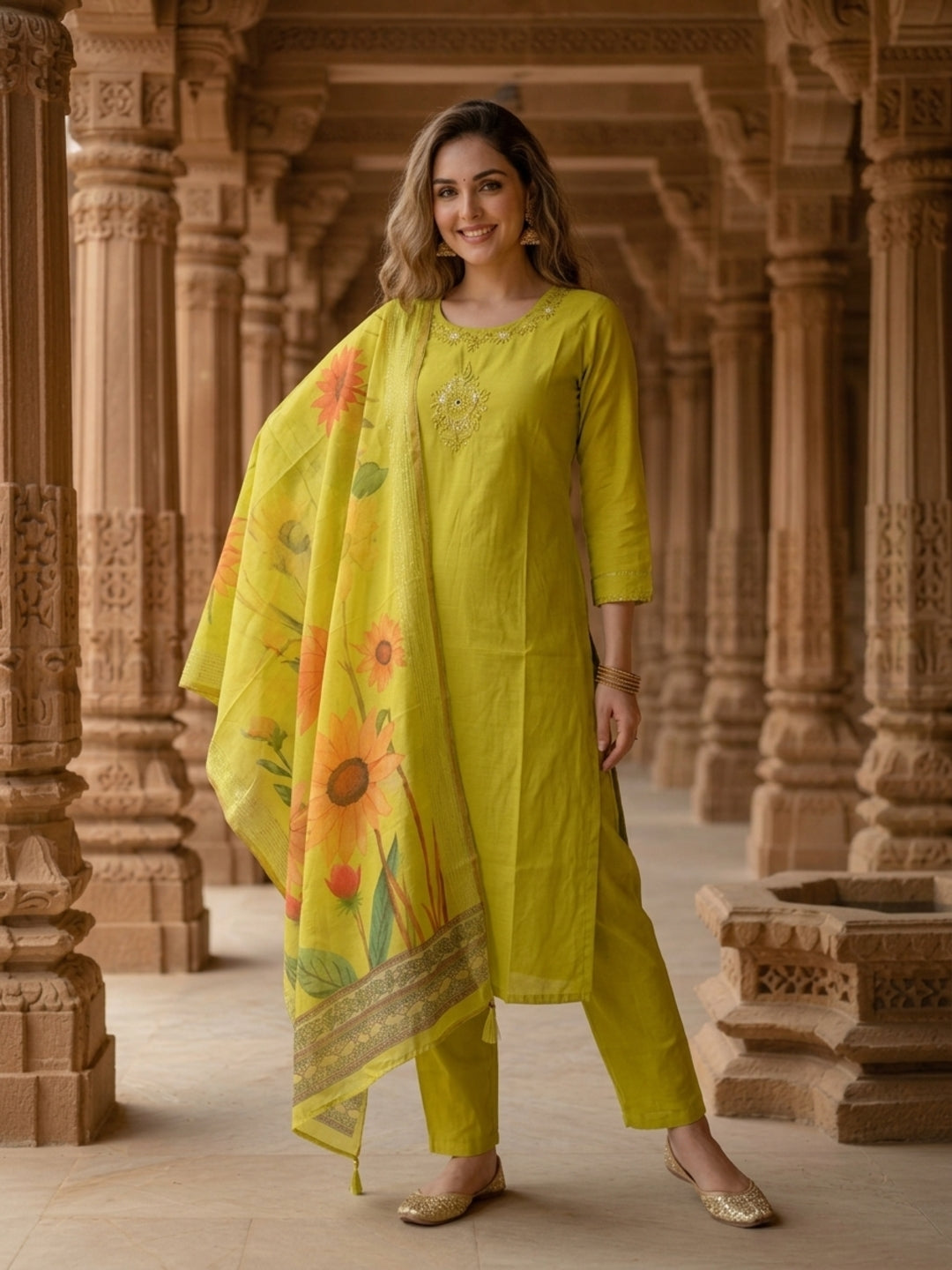 Pista Green Solid Muslin Silk Straight Kurta Set with Floral Hand Embroidery, Round Neck, Pant & Printed Poly Chanderi Dupatta