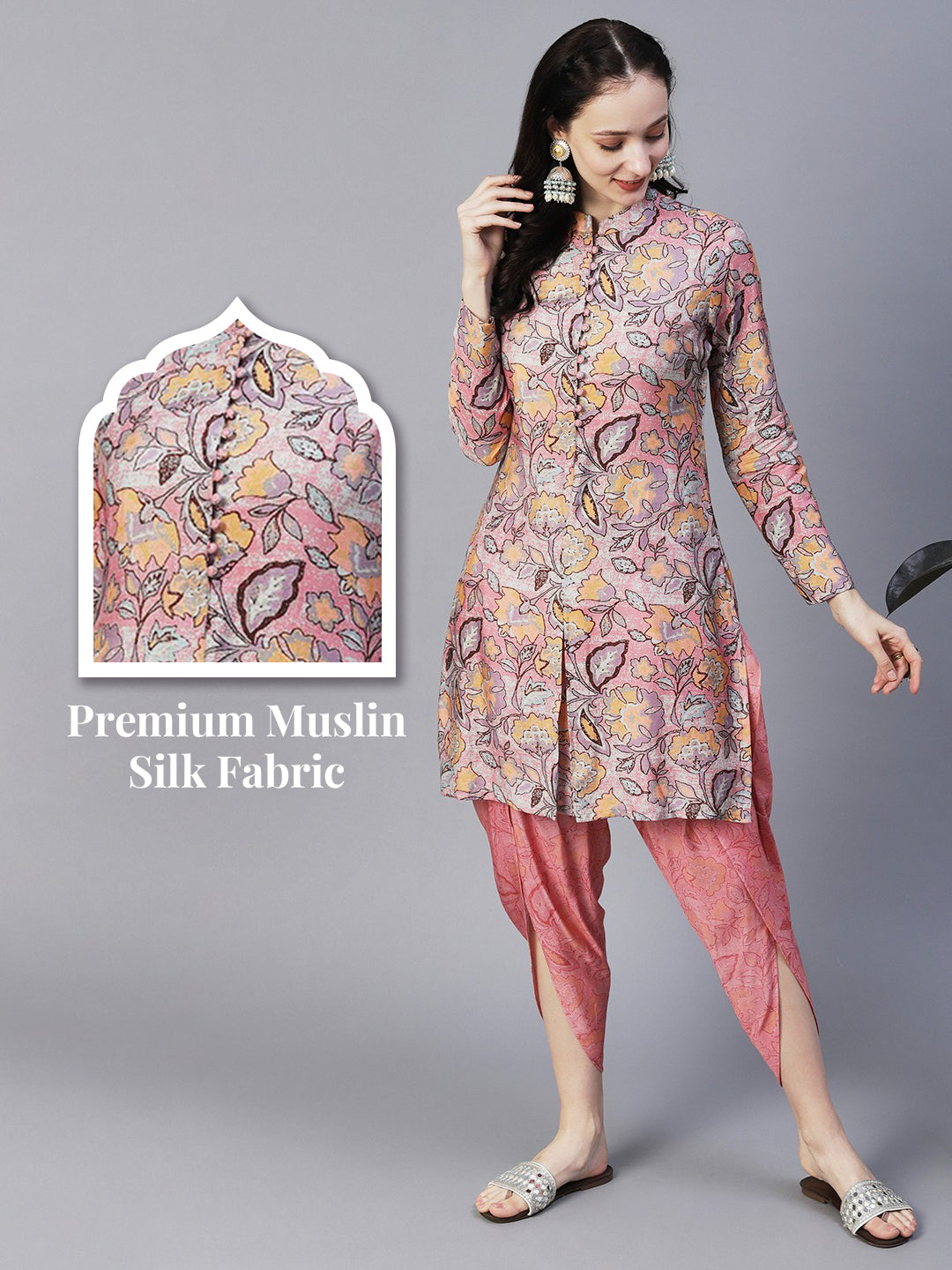 Abstract Floral Printed Straight Fit Kurta with Dhoti Pant - Pink