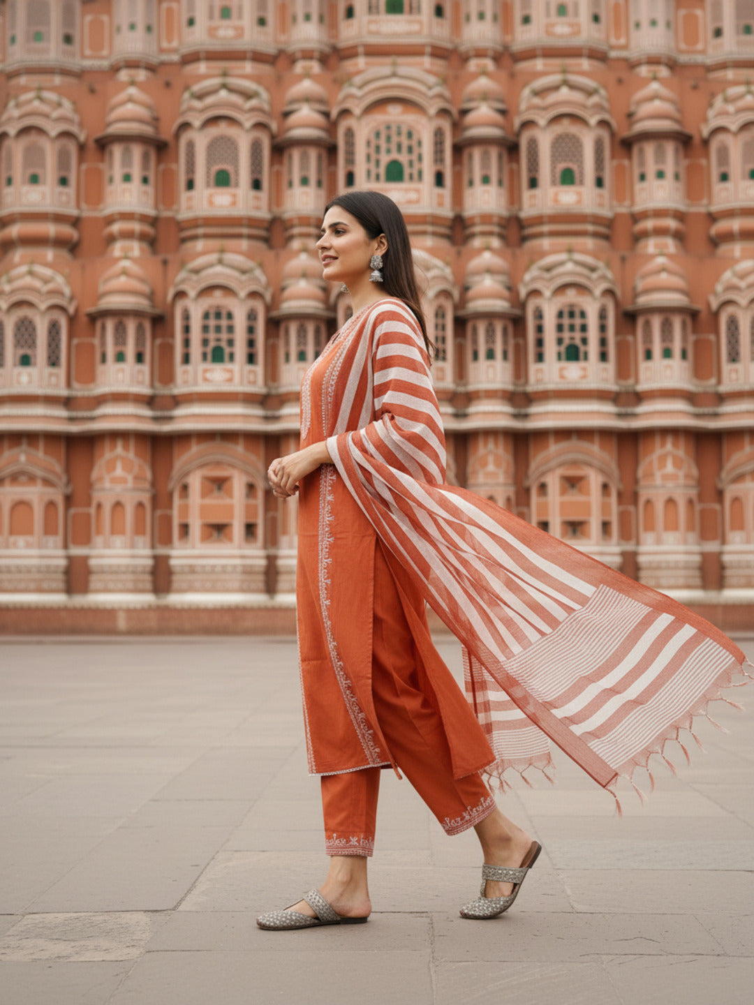 Solid Embroidered Straight Kurta with Palazzo & Dupatta - Rust