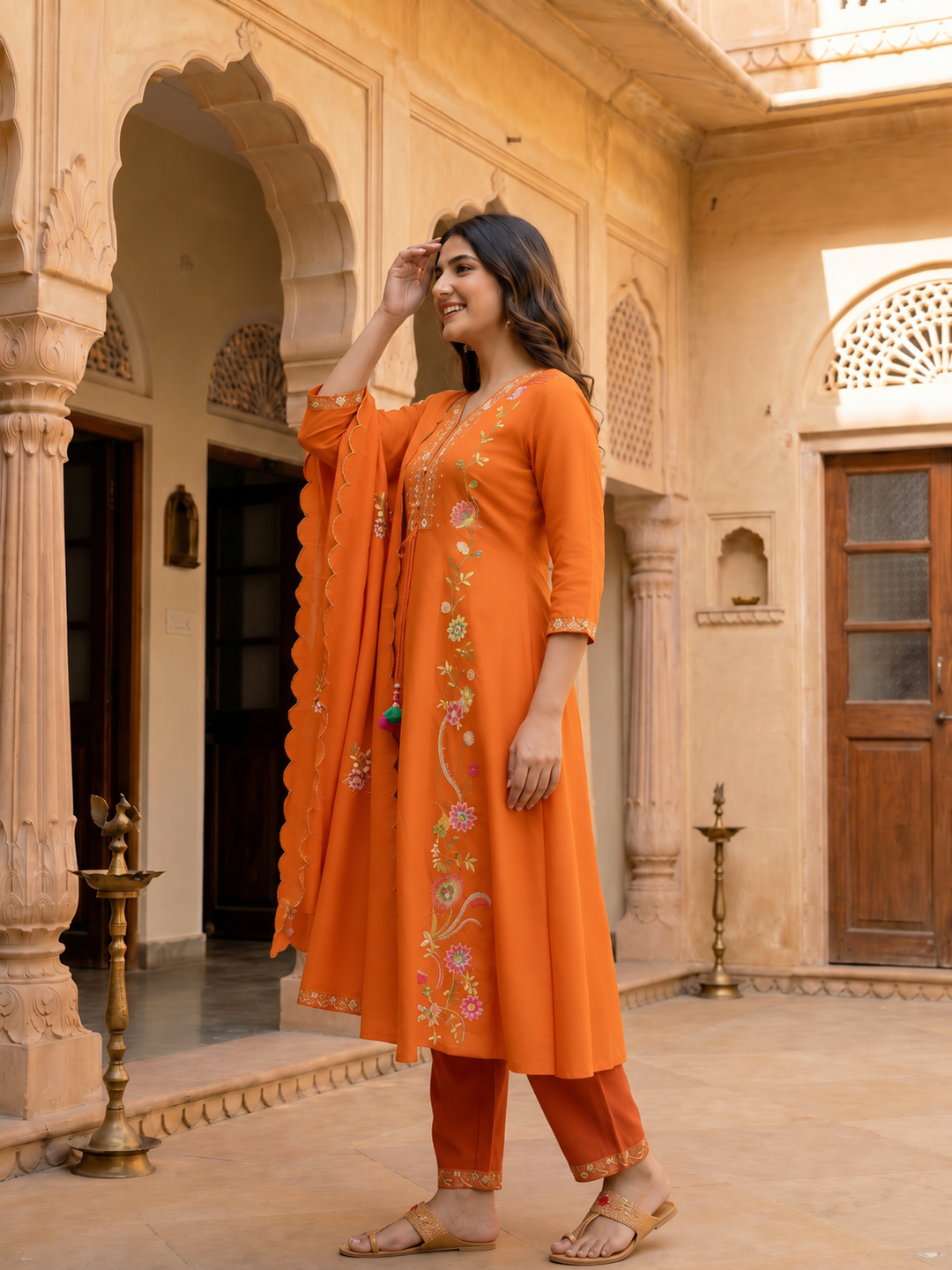 Rust Solid Chanderi Silk Anarkali Kurta Set with Floral Embroidery, V-Neck, Palazzo & Scalloped Poly Chanderi Dupatta