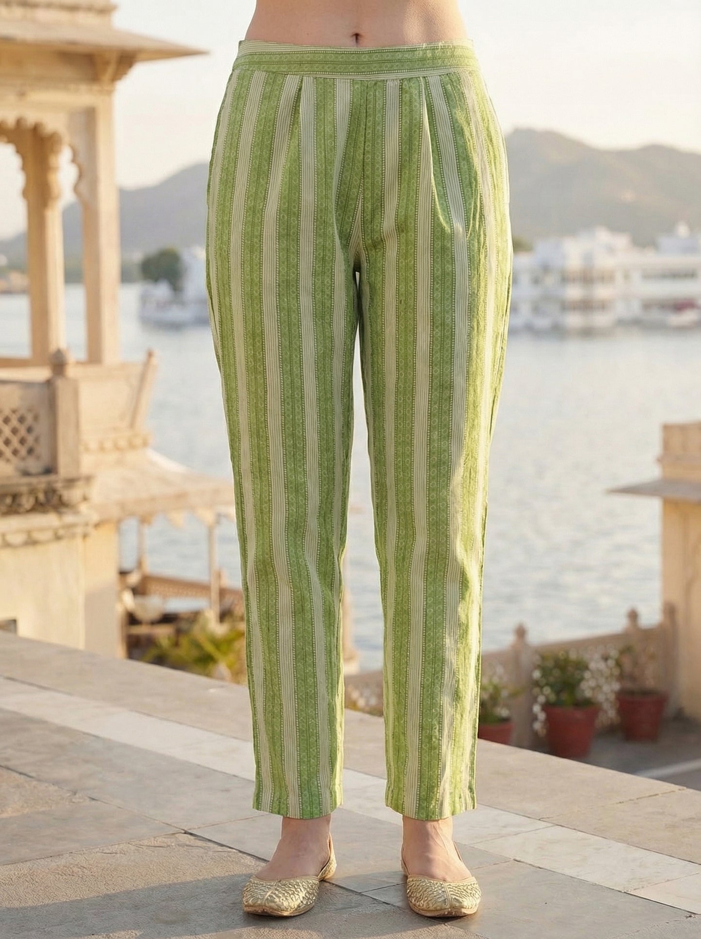 Ethnic Chevron Printed & Embroidered Straight Kurta with Pant & Dupatta - Green