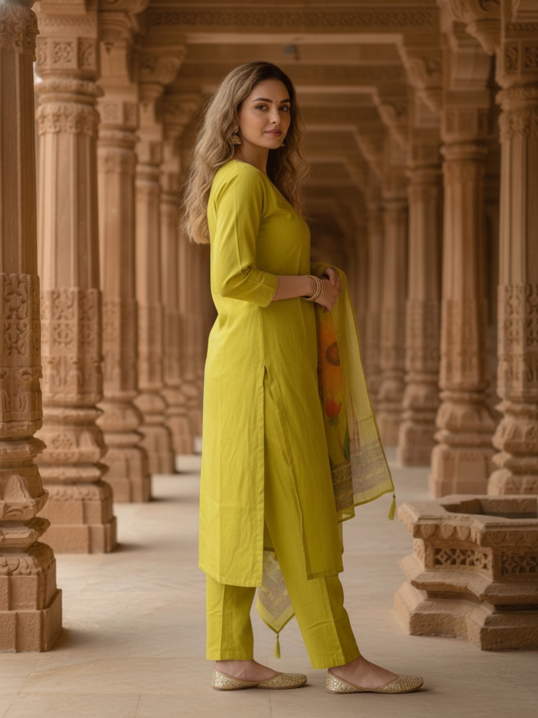 Pista Green Solid Muslin Silk Straight Kurta Set with Floral Hand Embroidery, Round Neck, Pant & Printed Poly Chanderi Dupatta