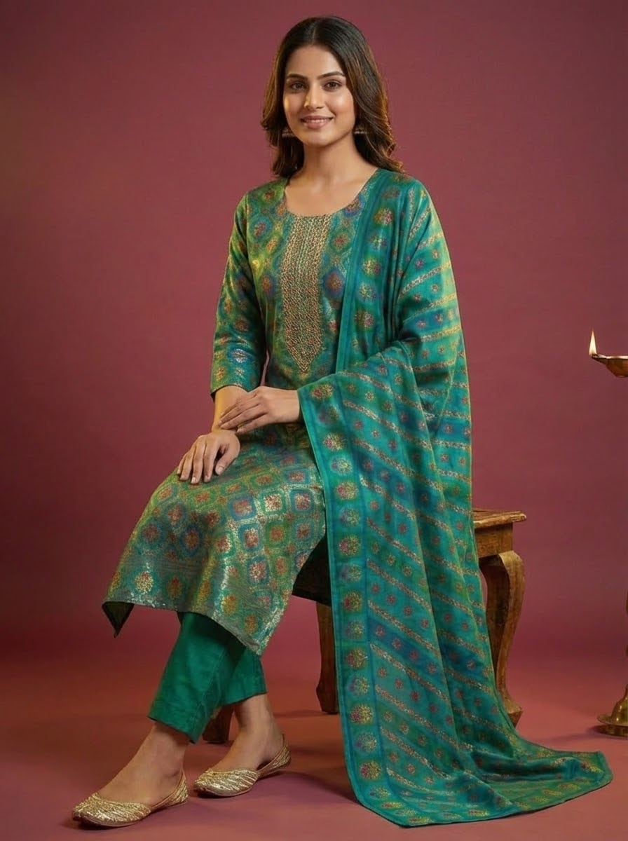Floral Printed Embroidered Jacquard Kurta with Pant & Dupatta - Teal Blue