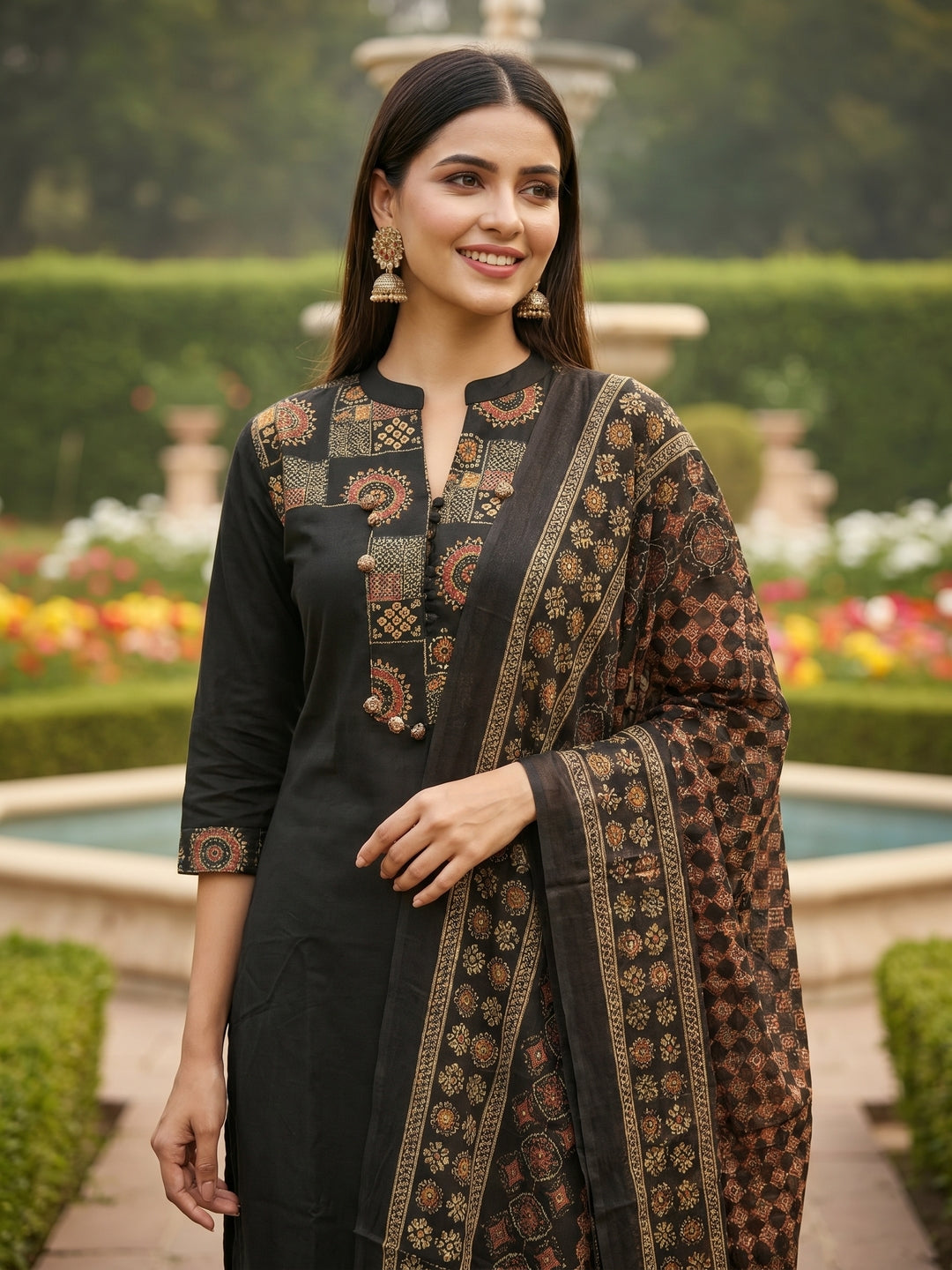 Solid Printed Yoke Straight Kurta with Pant & Dupatta - Black