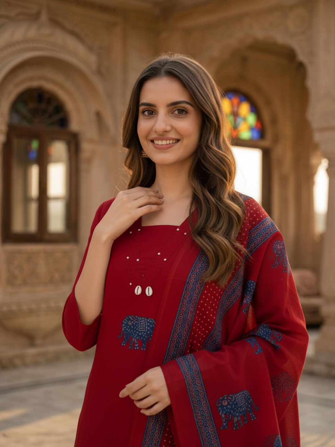 Brick Red Solid Cotton Straight Kurta Set with Kantha Work & Elephant Patchwork, Pant & Dupatta